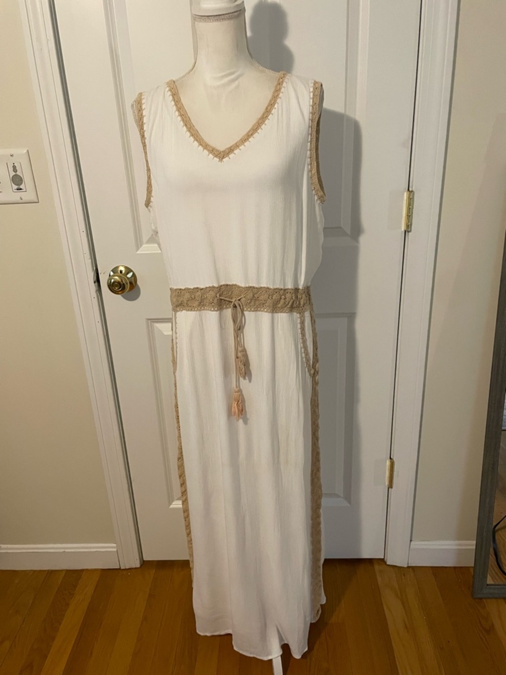 Chico's White Maxi Dress with Tan Trim